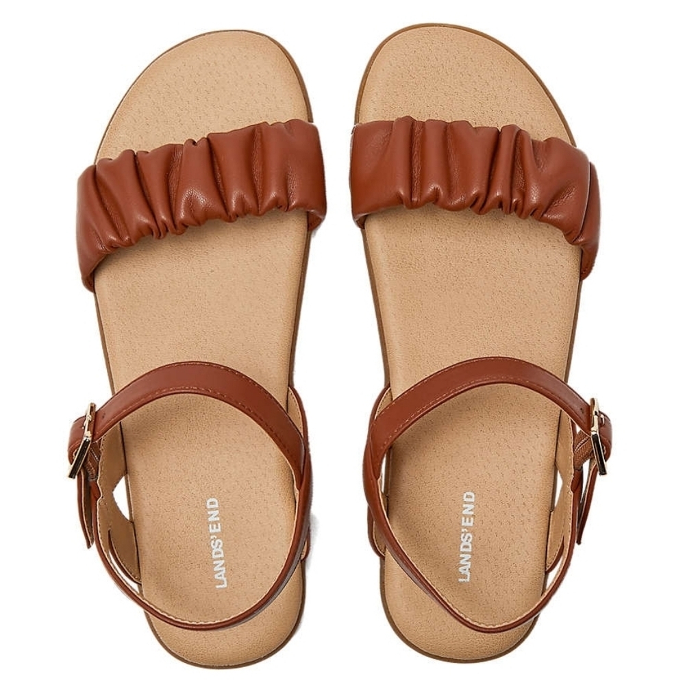 Lands' End Women's Adjustable Strappy Flat Cognac Sandals, Size 9